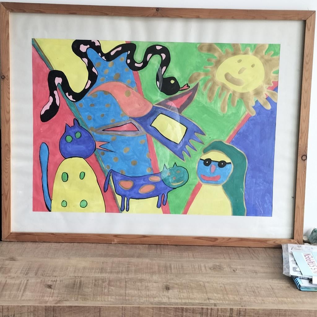 Fantasierijk Schilderij in Cobra Stijl - Ongesigneerd, Antiek en Kunst, Ophalen of Verzenden