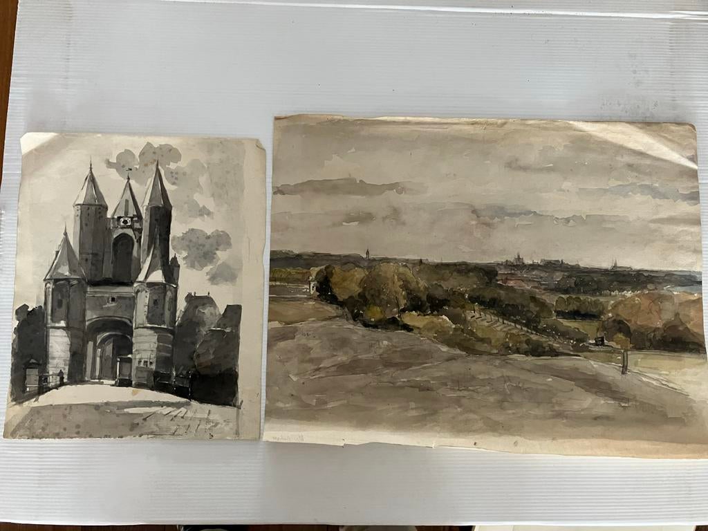 J.G. de Haan (1824-1901) 2 aquarellen: Haarlem en landschap, Ophalen of Verzenden