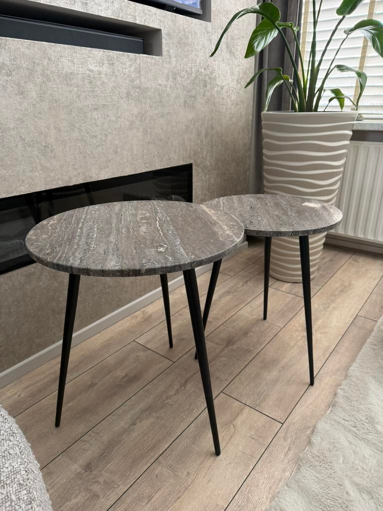 ZGAN Marmeren Travertin Salontafels, Huis en Inrichting, Tafels | Salontafels, Ophalen, Zo goed als nieuw, Rond, Overige materialen
