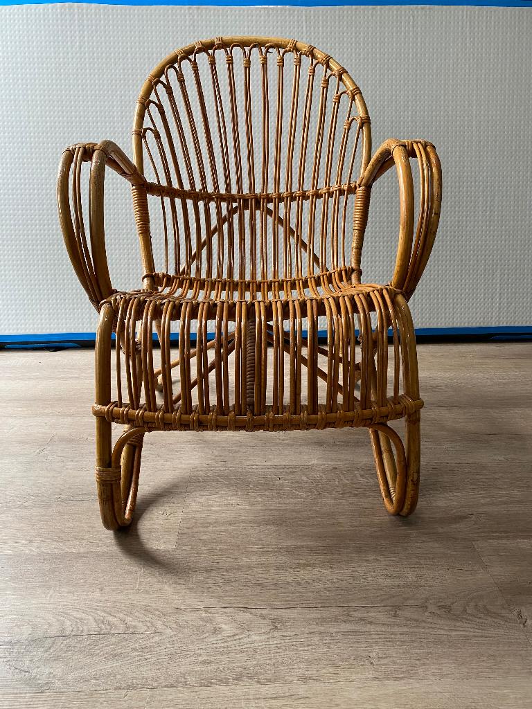 Prachtige half-hoge vintage rotan fauteuil, Huis en Inrichting, Fauteuils, Ophalen, Gebruikt, Vintage Rohé Noordwolde, 50 tot 75 cm