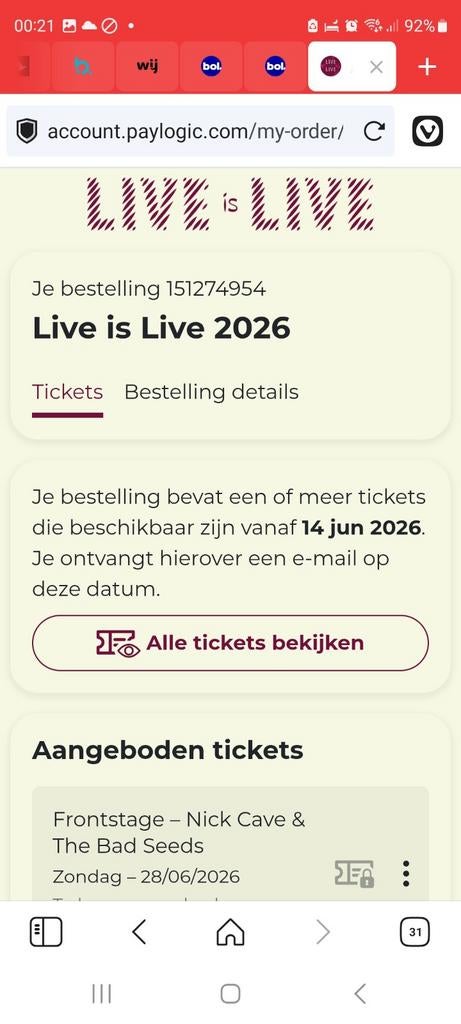 2 concertkaarten Nick Cave 'Live is Live' in Antwerpen, Twee personen, Overige soorten