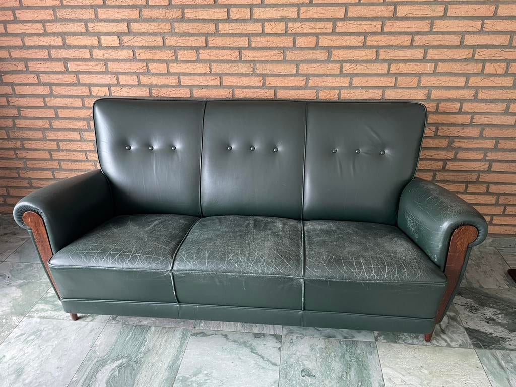 Vintage drie-zits bank uit jaren ‘50-‘60, Huis en Inrichting, Banken | Bankstellen, Ophalen, Gebruikt, 75 tot 100 cm, Leer