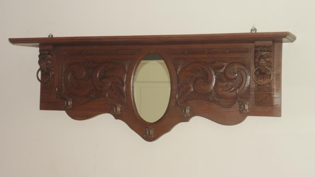 Antiek Mechels Eiken Kapstok - Bordenrek - Koperen Beddenpan, Antiek en Kunst, Ophalen of Verzenden