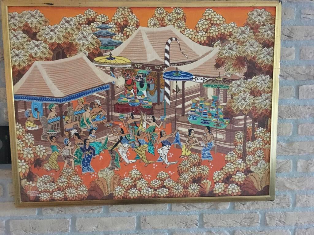 Schilderij Ubud Bali 1975 - Spiritueel Balinees Doek, Antiek en Kunst, Ophalen of Verzenden