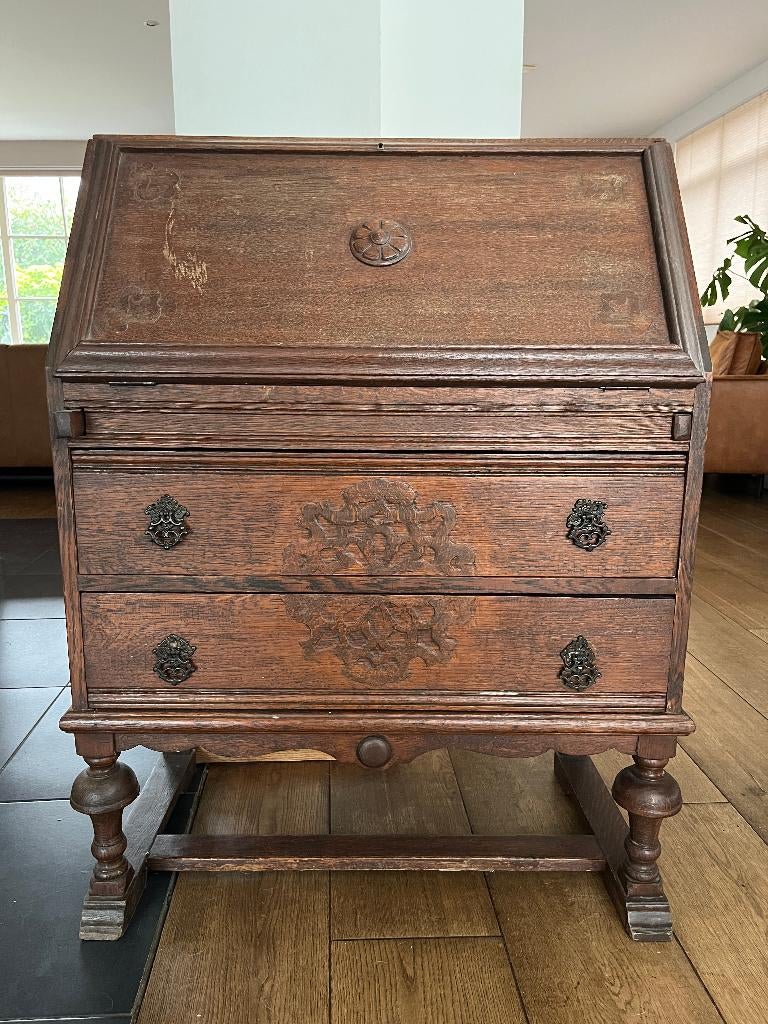 Antieke eikenhouten klepsecretaire / lessenaarsbureau, Antiek en Kunst, Antiek | Meubels | Kasten, Ophalen