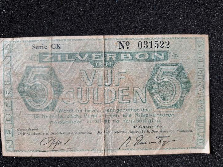 Zilverbon Groot Vijf Gulden 1944 - Serie CK, Postzegels en Munten, Bankbiljetten | Nederland, Ophalen of Verzenden
