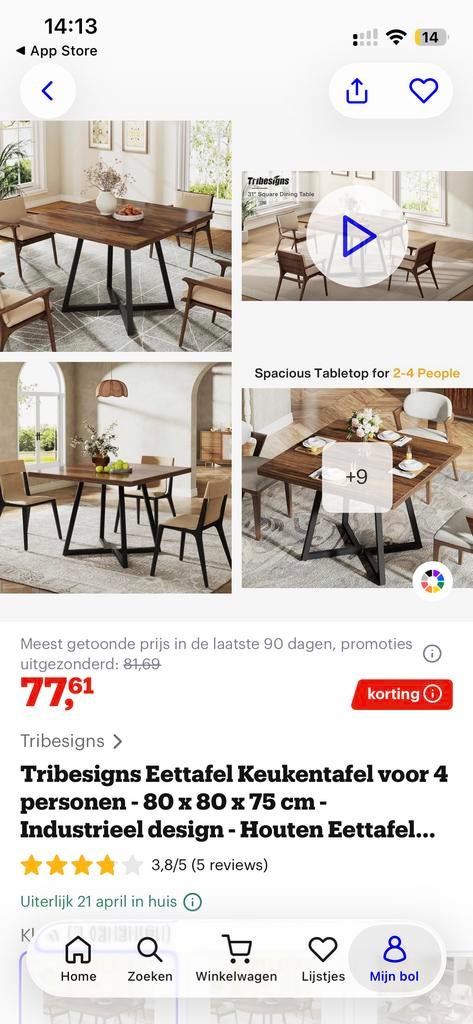 Tribesigns Eettafel 80x80x75 cm - Industrieel design, Huis en Inrichting, Tafels | Eettafels, Ophalen, Vierkant, Nieuw, 50 tot 100 cm
