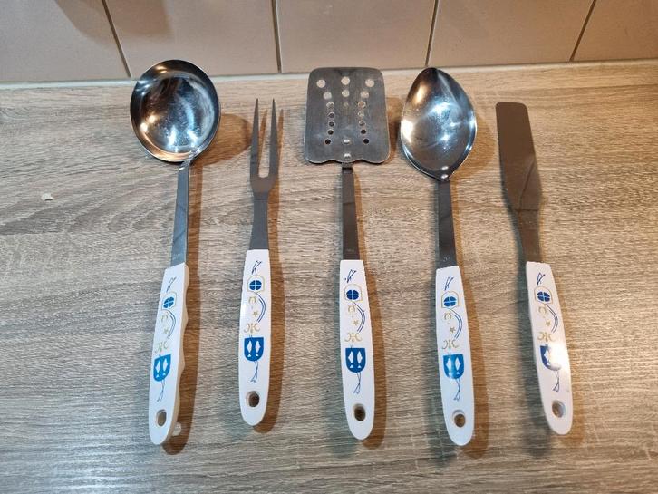 5 x Mooi Vintage EKCO Kook Bestek Staal Kunststof met Motief, Huis en Inrichting, Keuken | Bestek, Gebruikt, Bestekset, Rvs of Chroom