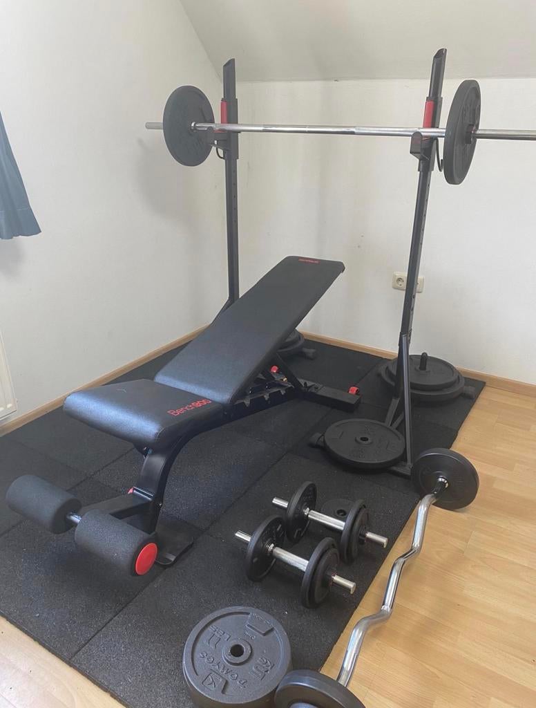 Bankdruk domyos en gewichten, Ophalen, Gebruikt, Fitnessbank