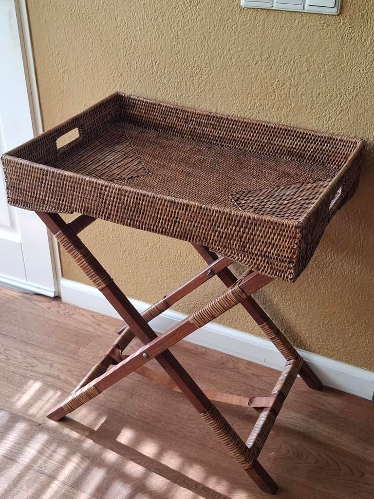 Birma Rattan Rieten Klaptafel Bijzettafel, Huis en Inrichting, Overige materialen, Gebruikt, Rechthoekig, Bohemian, Landelijk