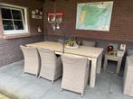 Steigerhouten (tuin)tafel met 6 rotan stoelen, Ophalen, Zo goed als nieuw, Rechthoekig, Hout