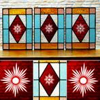 3 Art Deco glas in lood raampjes met een sterglas ruitjes, Antiek en Kunst, Ophalen of Verzenden