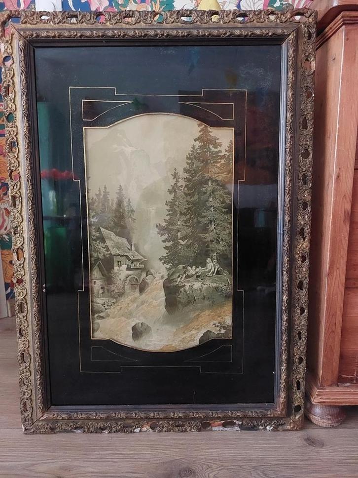 Antieke Lijst met Berglandschap, Antiek en Kunst, Kunst | Schilderijen | Klassiek, Ophalen of Verzenden