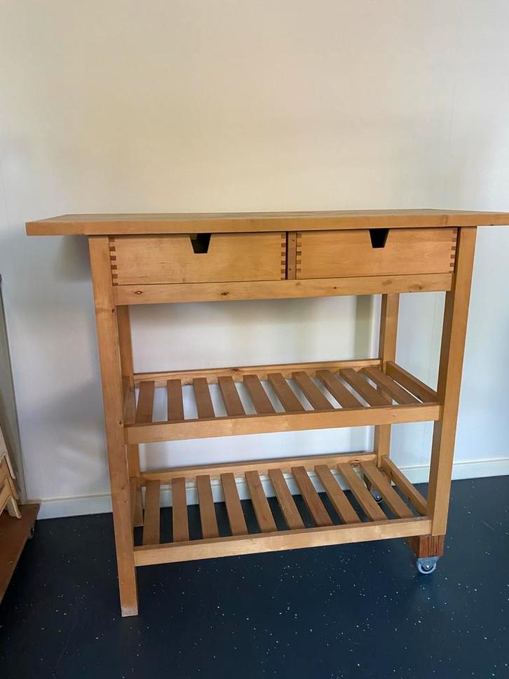 Houten Keukentrolley met Lades en Wielen, Huis en Inrichting, Tafelonderdelen, Gebruikt, Tafelblad, Minder dan 50 cm, 50 tot 100 cm