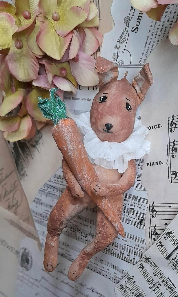 Prachtig brocante wattenpopje Konijn met wortel Spuncotton, Diversen, Pasen, Ophalen of Verzenden