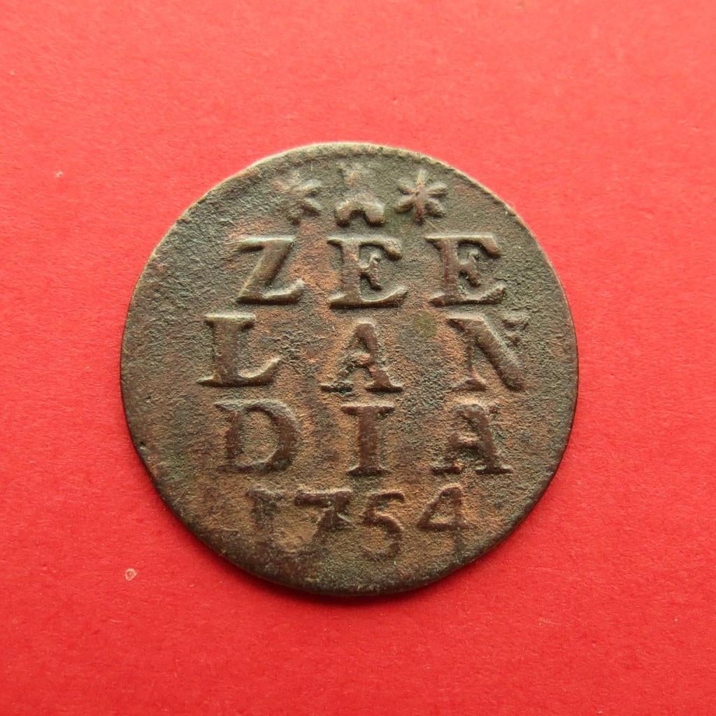 Duit Zeeland 1754 Zeeland Oude wapen krul rechts (2) dunne c, Ophalen of Verzenden, Vóór koninkrijk, Overige waardes, Losse munt