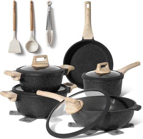 Just Perfecto 14 Delige Pannenset Inductie Zwarte Pannenset, Huis en Inrichting, Keuken | Potten en Pannen, Nieuw, Pannenset, Rvs