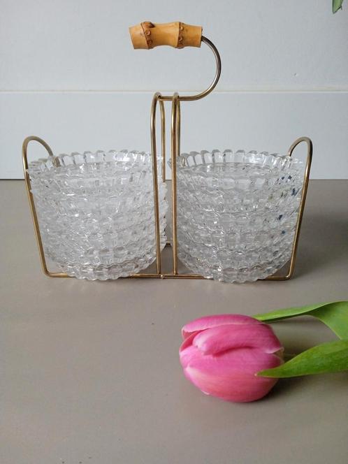12 vintage brocante glazen onderzetters in houder, Huis en Inrichting, Woonaccessoires | Onderzetters, Zo goed als nieuw, Glas of Kopje