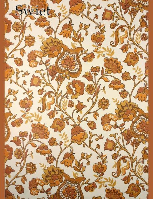 3662 Vintage retro bloemen behang oranje bruin swiet mooi, Huis en Inrichting, Stoffering | Behang, Bruin, Oranje, minder dan 10 m²