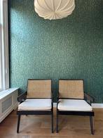 Anthropologie fauteuil van acaciahout zwart met rotan, Huis en Inrichting, Fauteuils, Ophalen, Riet of Rotan, Gebruikt, 75 tot 100 cm