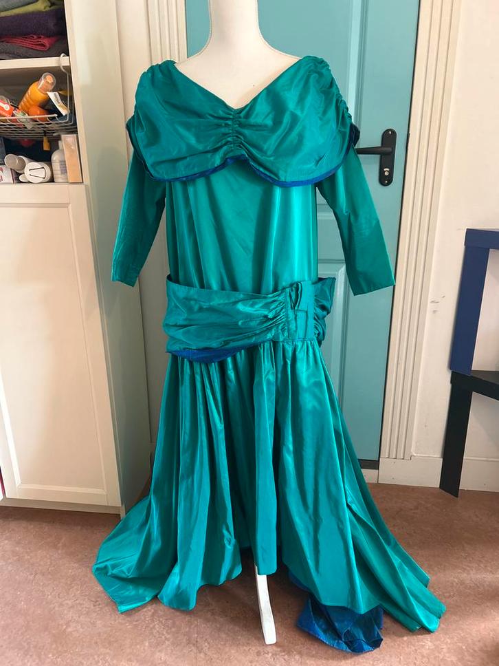 Vintage 80s Zijden Avondjurk, Kleding | Dames, Gelegenheidskleding, Gedragen, Galajurk, Maat 42/44 (L), Groen, Ophalen of Verzenden