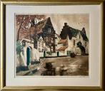 Kleuren ets Julien Célos, stadsgezicht met begijnen, na 1929, Antiek en Kunst, Kunst | Etsen en Gravures, Ophalen