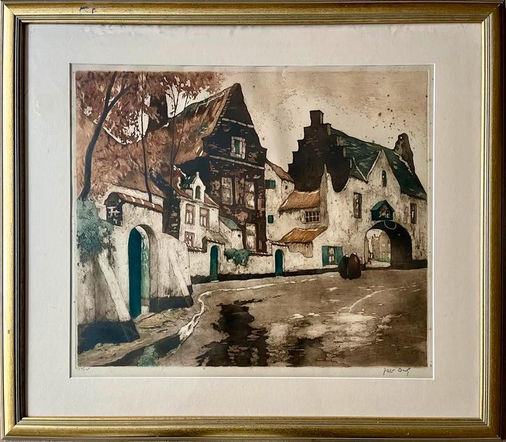 Kleuren ets Julien Célos, stadsgezicht met begijnen, na 1929, Antiek en Kunst, Kunst | Etsen en Gravures, Ophalen