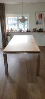 Eettafel zwevend eikenhouten blad, RVS poten 220x100 cm, Huis en Inrichting, Tafels | Eettafels, 200 cm of meer, 100 tot 150 cm