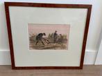 Wortelnoten houten lijst met jacht tafereel tekening prent, Antiek en Kunst, Ophalen of Verzenden
