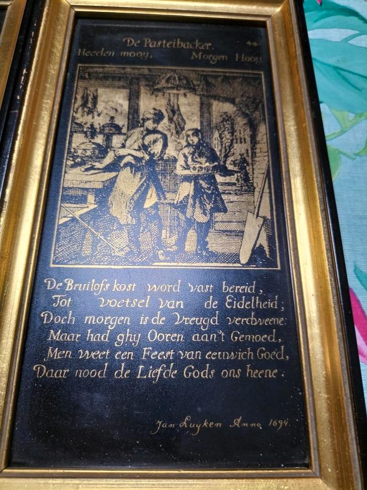 Vier Gelijste Tegels van Jan Luyken (1694), Antiek en Kunst, Kunst | Etsen en Gravures, Ophalen of Verzenden