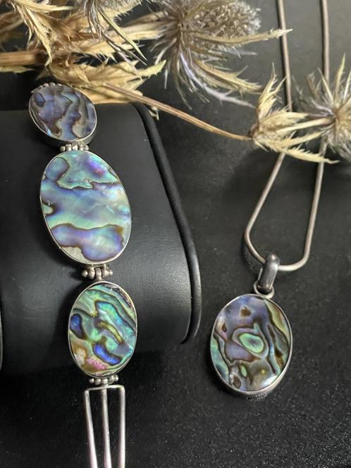 Unieke zilveren vintageset met abelone ketting en armband, Sieraden, Tassen en Uiterlijk, Kettingen, Zo goed als nieuw, Zilver