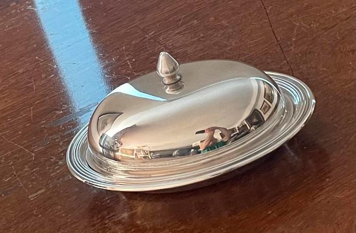 Vintage verzilverde botervloot met deksel St Hilaire., Antiek en Kunst, Antiek | Servies los, Ophalen of Verzenden