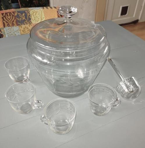Antieke, Kristallen Bowlschaal met 6 glazen en lepel, Antiek en Kunst, Antiek | Glas en Kristal, Ophalen of Verzenden