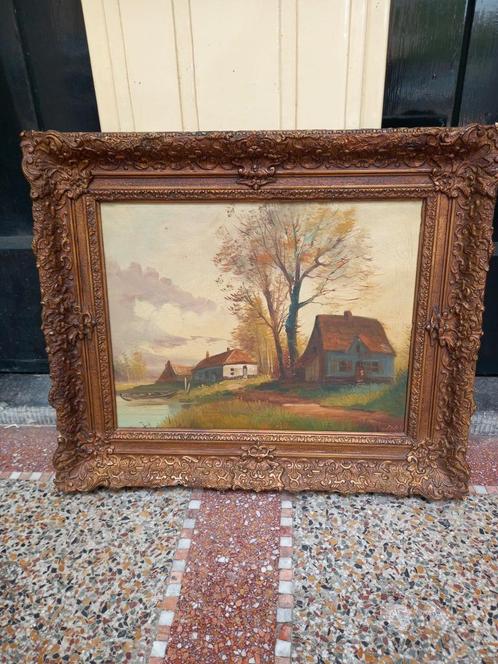 Schilderij boerenland olieverf op paneel, Antiek en Kunst, Antiek | Woonaccessoires, Ophalen of Verzenden