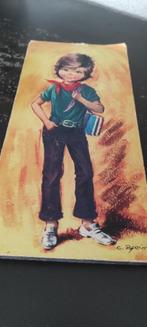 Vintage prent jongen met boeken, Minder dan 50 cm, Gebruikt, Tekening, Ophalen of Verzenden