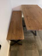 Eikenhouten tafel met stalen spinnenpoot en bijpassende bank, Huis en Inrichting, Tafels | Eettafels, Ophalen, Gebruikt, Eikenhout