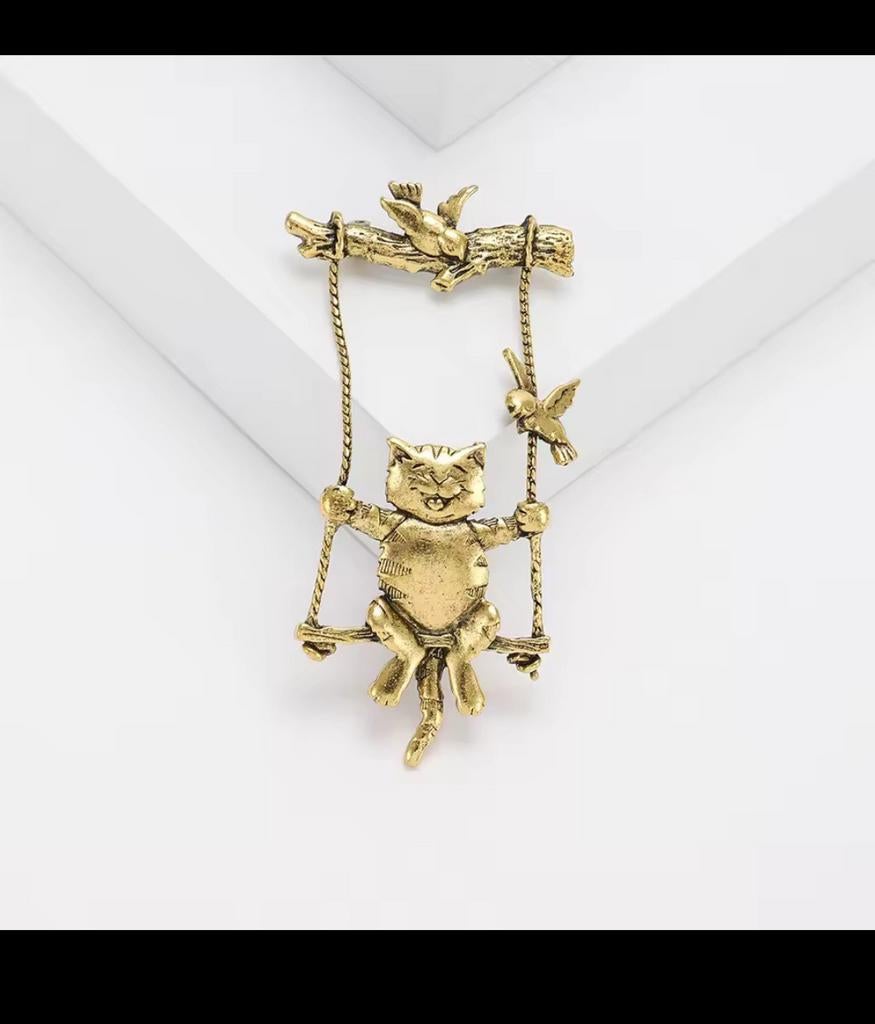 Nieuwe Gouden Kat Broche met Vogels - Gratis Verzending, Overige materialen, 4 tot 7 cm, Nieuw, Ophalen of Verzenden
