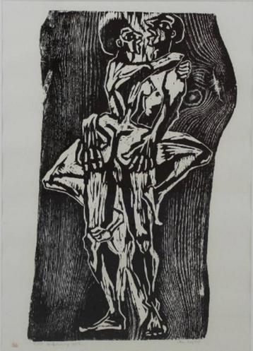 Ellen Baptist (1945) Houtsnede " Het liefdes Paar " Ges Gen beschikbaar voor biedingen