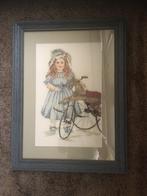 hand geborduurd schilderij antieke pop met fiets, Ophalen of Verzenden, Zo goed als nieuw