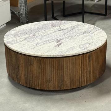 salontafel rond japandi stijl met marmer bruin hout  beschikbaar voor biedingen