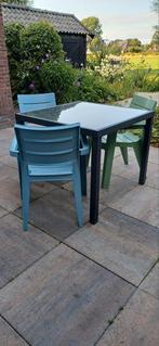 Glazen hoge vierkante tuintafel met glasplaat, Tuin en Terras, Ophalen, Zo goed als nieuw, Rechthoekig, Aluminium