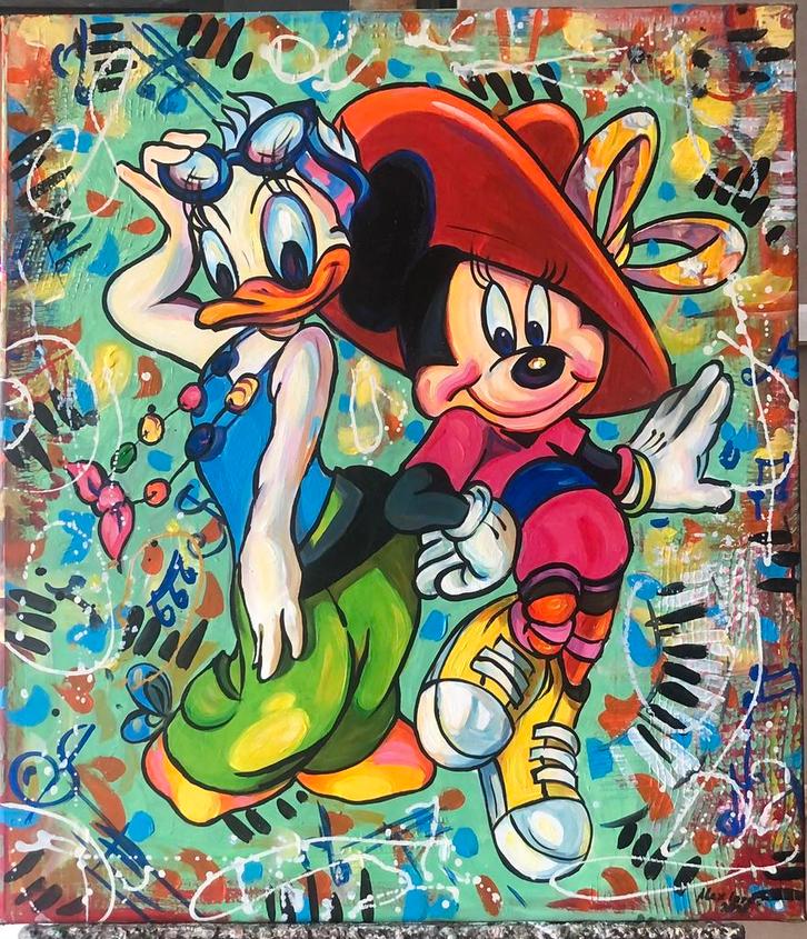 Alex L- Donald Duck & Mickey Mouse- Handgeschilderd (100%), Antiek en Kunst, Kunst | Schilderijen | Modern, Ophalen of Verzenden