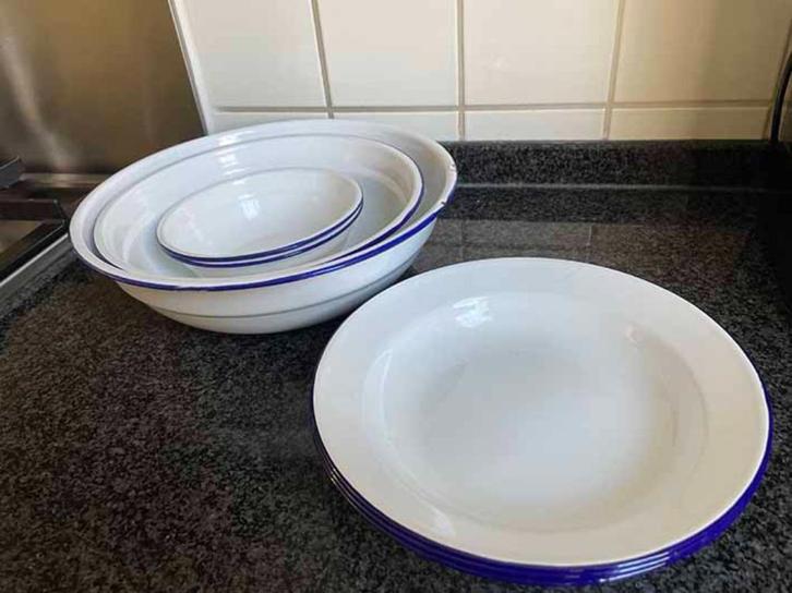 Vintage Emaille Servies Wit - Schaal Kom Bord - Nieuw, Antiek en Kunst, Antiek | Emaille, Ophalen of Verzenden