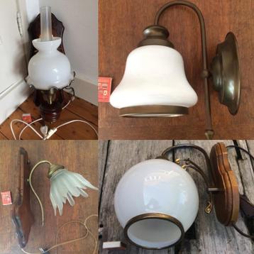 3x sierlijke wandlamp met glas hout metaal en koperkleurig beschikbaar voor biedingen
