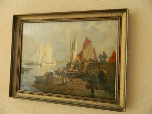 prent van boten aan het strand/haven ( nette staat ), Antiek en Kunst, Kunst | Schilderijen | Klassiek, Ophalen