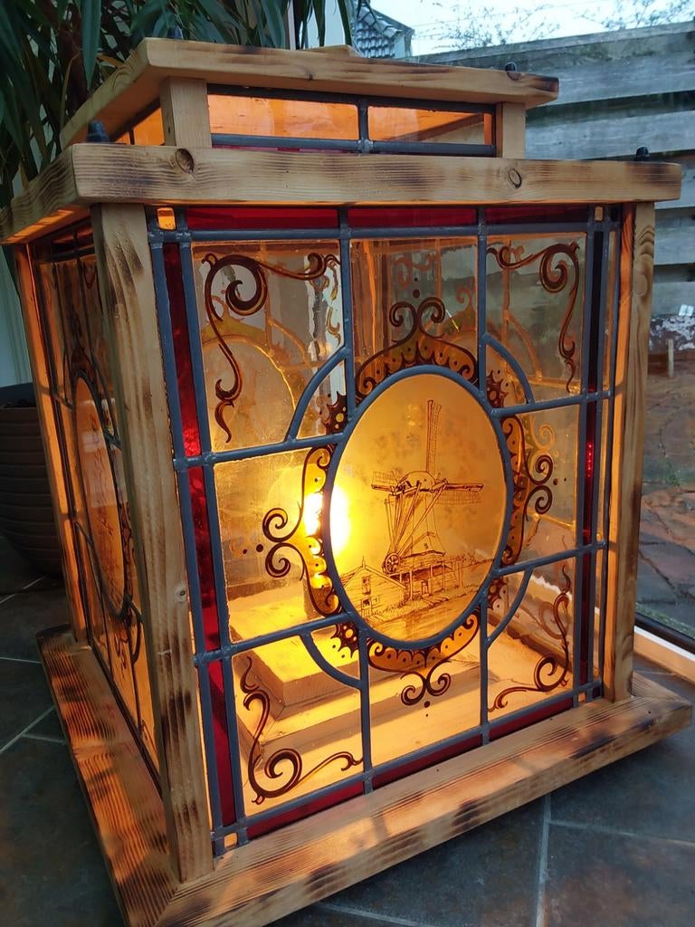 Grote decoratieve lamp met glas in lood, oud Hollandsche afb, Ophalen, Gebruikt, Vintage, 75 cm of meer