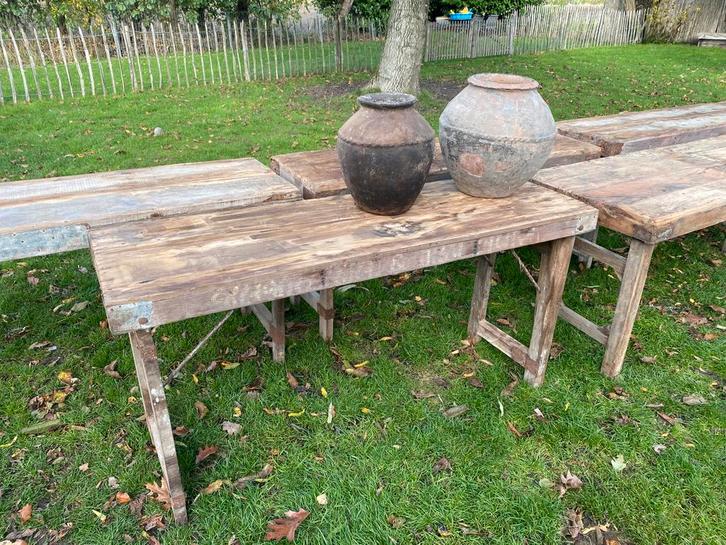 Oude markttafel uit India, Huis en Inrichting, Tafels | Sidetables, Gebruikt, 25 tot 50 cm, 150 tot 200 cm, Rechthoekig, Teakhout