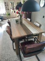 Stoere, hippe eettafel met 5 stevige leren stoelen, Huis en Inrichting, Tafels | Salontafels, Gebruikt, Landelijk - modern - licht