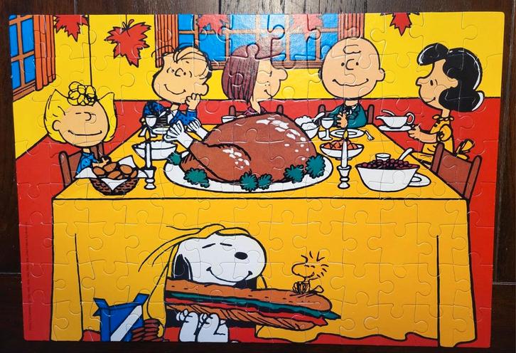 Vintage Snoopy Puzzel Thanksgiving 1983 - 104 stukjes, Kinderen en Baby's, Speelgoed | Kinderpuzzels, Gebruikt, 6 jaar of ouder