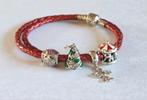 RODE LEREN ARMBAND MET KERSTBEDELS, Ophalen, Zo goed als nieuw, Rood, Zilver